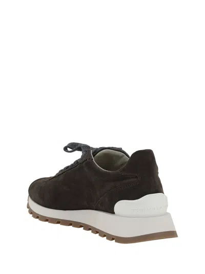 Brunello Cucinelli Brown Low Top Sneakers With Monil Detail On The Side And Embossed Logo Lettering On The Rear In Leat In Black