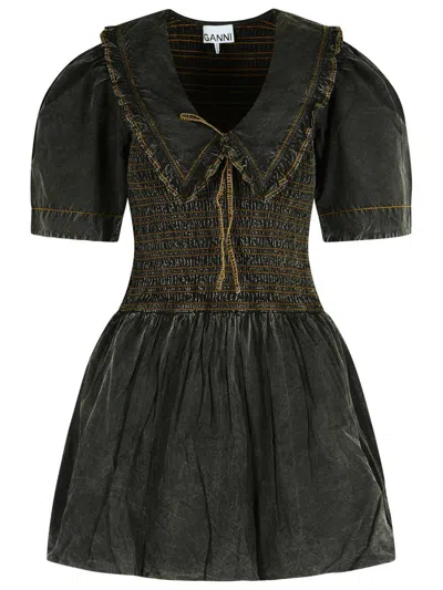 Ganni Cotton Dress With Puff Sleeves And Ruffled Collar In Black