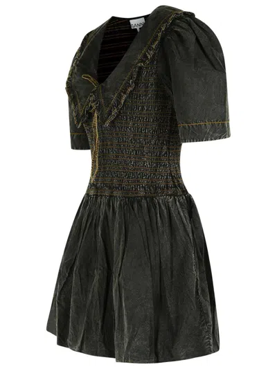 Ganni Cotton Dress With Puff Sleeves And Ruffled Collar In Black