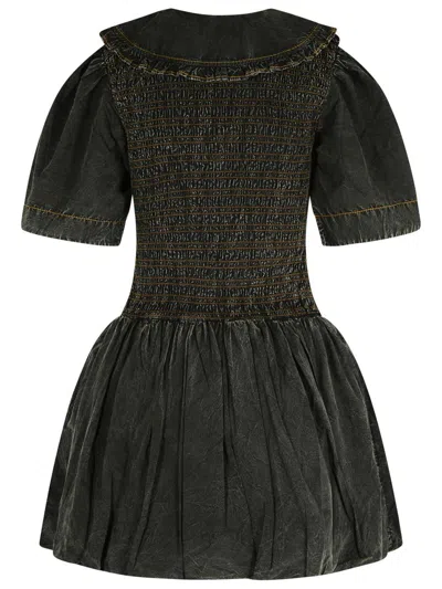 Ganni Cotton Dress With Puff Sleeves And Ruffled Collar In Black