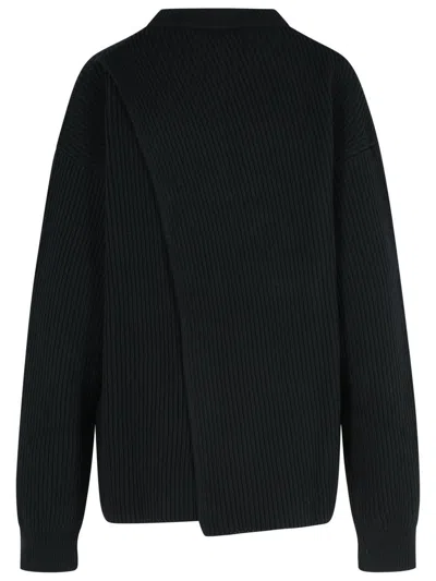 Jil Sander Wool Crew Neck Sweater With Asymmetric Detail In Black