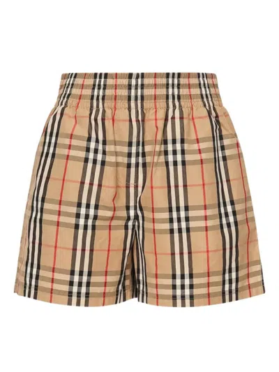 Burberry Elastic Waistband Checked Shorts With Side Stripe In Brown