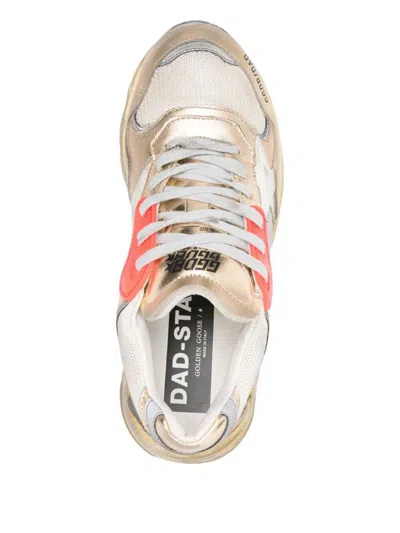 Golden Goose Dad-star Sneakers In Mesh And Gold Foiled Leather With White Leather Star Shoes In Brown