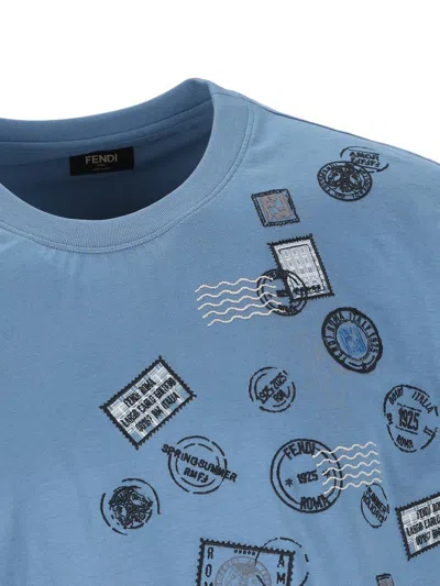 Fendi Stamp Embroidered Crewneck T-shirt In Blue