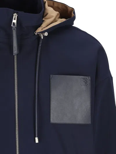 Loewe Hooded Leather-patch Jacket In Blue