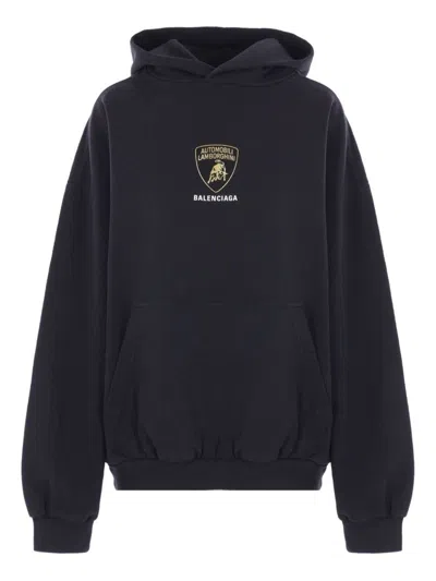 Balenciaga Black Hoodie With Fixed Hood And Logo Print On The Front In Cotton Man In Black