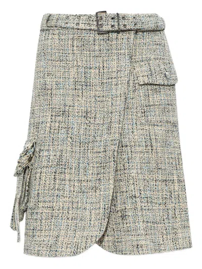 Ganni Belted Mini Tweed Skirt In Gray