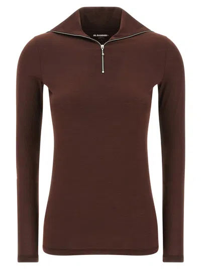 Jil Sander Half-zip T-shirt High Collar In Brown