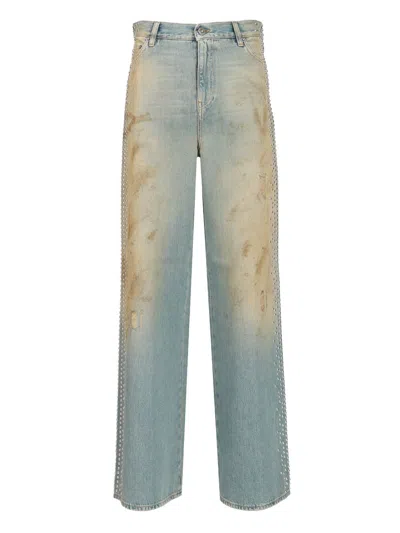 Golden Goose Distressed Boyfriend Fit Trousers With Studded Detailing In Blue