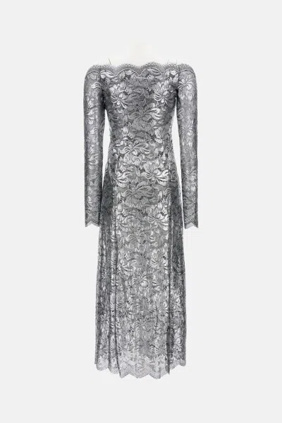 Rabanne Womens Black Silver Lace Off-shoulder Stretch-woven Midi Dress In Gray
