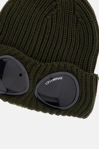 C.p. Company Green Knit Beanie With Googles Detail On The Front In Green
