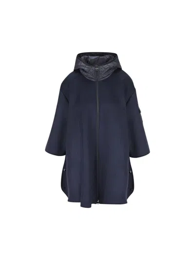 Moncler Women Hooded Wool Cape In Blue