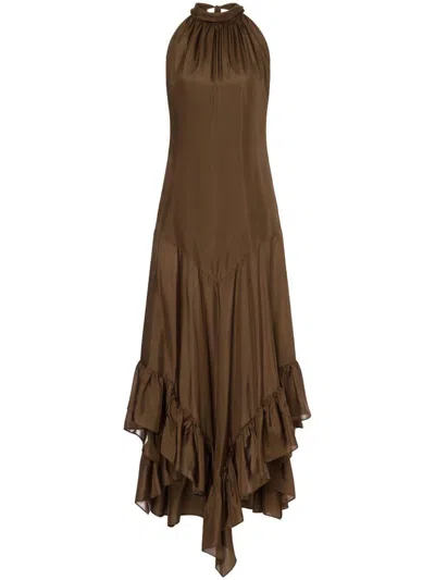 Philosophy Di Lorenzo Serafini Brown Silk Long Dress With Ruffles In Brown