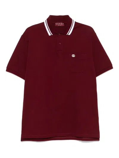 Gucci Bordeaux Polo Shirt With Striped Motif On The Collar And Double G Embroidery On The Front In C In Burgundy