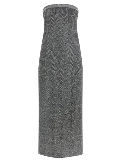 Ermanno Scervino Rhinestone-embellished Midi Dress With Herringbone Pattern In Gray