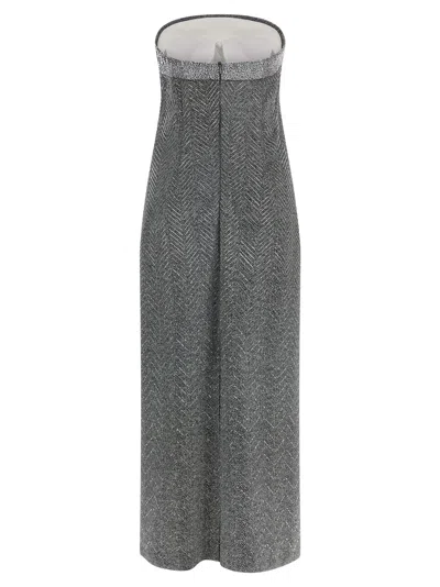 Ermanno Scervino Rhinestone-embellished Midi Dress With Herringbone Pattern In Gray