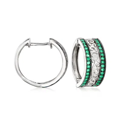 Ross-simons Emerald Milgrain Hoop Earrings In Sterling Silver