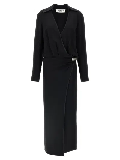 Attico V-neck Slit Midi Dress With Satin Piping In Black