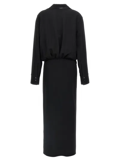 Attico V-neck Slit Midi Dress With Satin Piping In Black