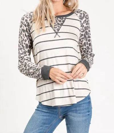 Shirley Stone Carol Leopard & Striped Raglan Top In Oatmel In Gray