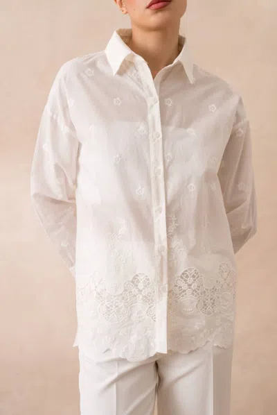European Linen Collection Embroidered Cotton Shirt With Lace Hem In White