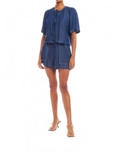 Fifteen Twenty Nadine Tie Front Cropped Top In Indigo Lightweight Denim In Blue
