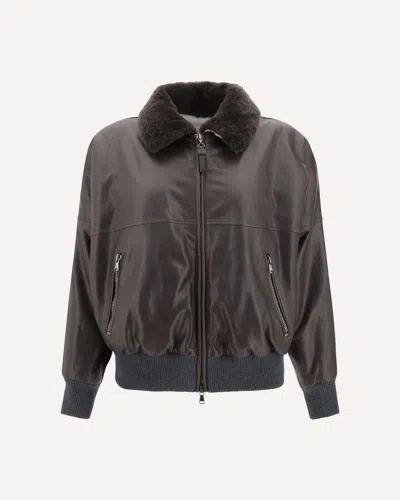 Brunello Cucinelli Shearling Collar Leather Jacket Women In Brown