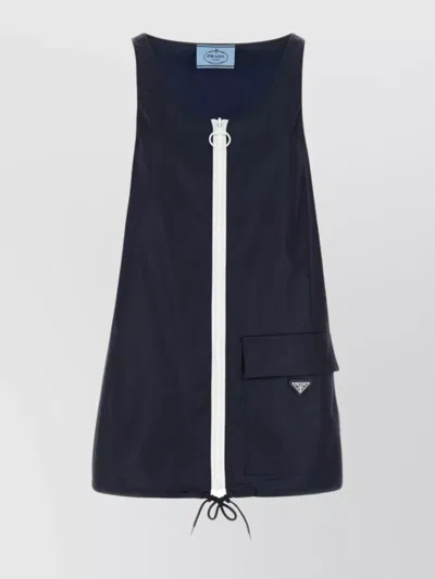 Prada Drawstring Hem Mini Dress With Front Pocket In Blue
