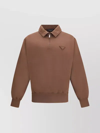 Prada Ribbed Polo Sweatshirt With Collar And Cuffs In Brown