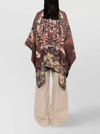 Pierre Louise Mascia Draped Floral Poncho Fringed Edges