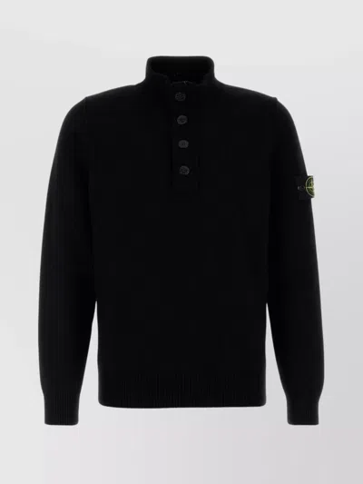 Stone Island High Collar Pullover With Buttoned Placket And Logo Patch In Black