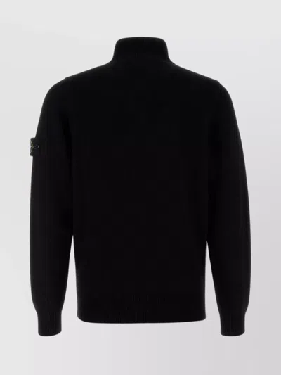 Stone Island High Collar Pullover With Buttoned Placket And Logo Patch In Black