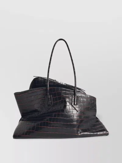 Attico La Passegiata Medium Asymmetric Croc-effect Leather Tote In Black