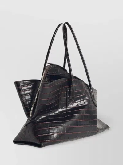 Attico La Passegiata Medium Asymmetric Croc-effect Leather Tote In Black