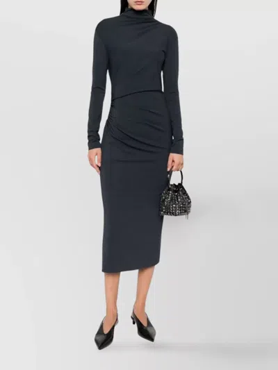Brunello Cucinelli Wool Blend Midi Dress With Gathered Detail In Blue
