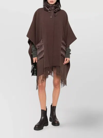 Herno Fringed Poncho With High Neck And Hood In Brown