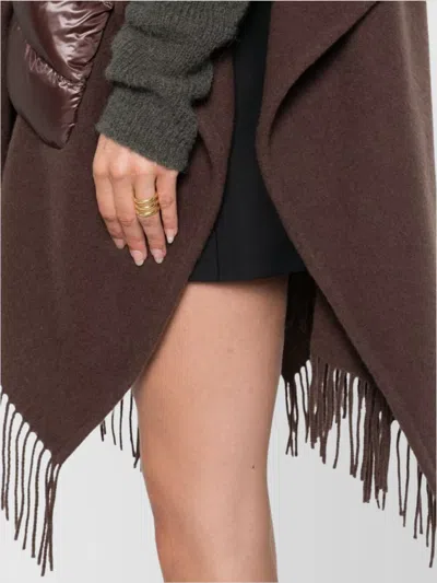Herno Fringed Poncho With High Neck And Hood In Brown