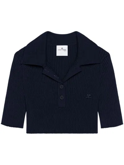 Courrèges Blue Cotton Crop Polo With Logo