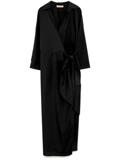 Twinset Twin-set Wrap-design Black Midi Dress With Tie Waist In Black