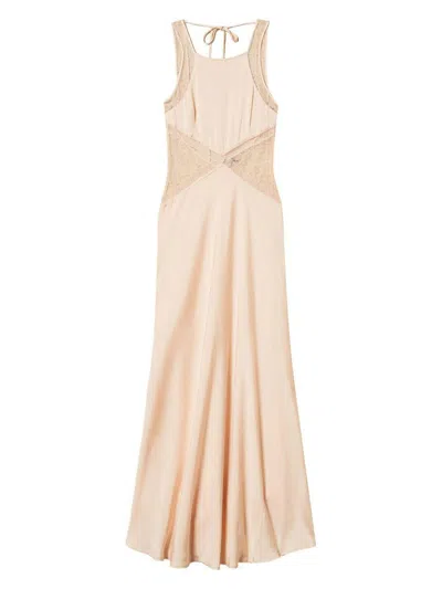 Twinset Flared Beige Long Dress With Lace In Neutral