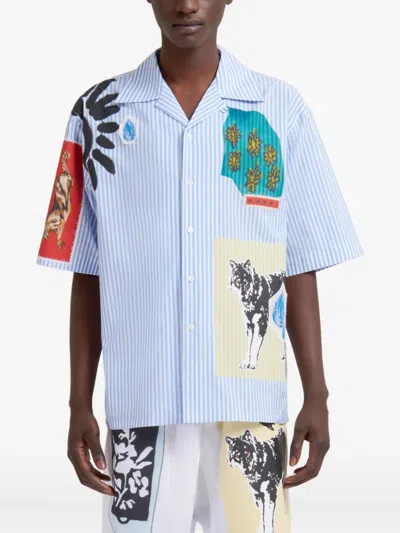 Marni Striped Short Sleeve Shirt With Graphic Patches In Multi