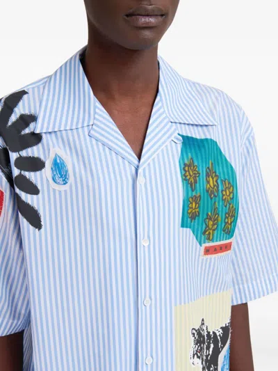 Marni Striped Short Sleeve Shirt With Graphic Patches In Multi