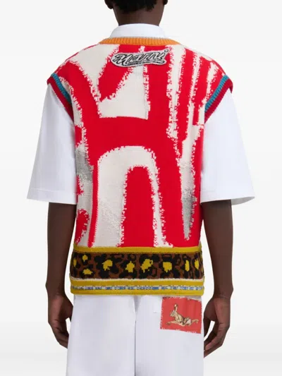 Marni Mens Glass Graphic-intarsia V-neck Virgin-wool Knitted Vest In Red