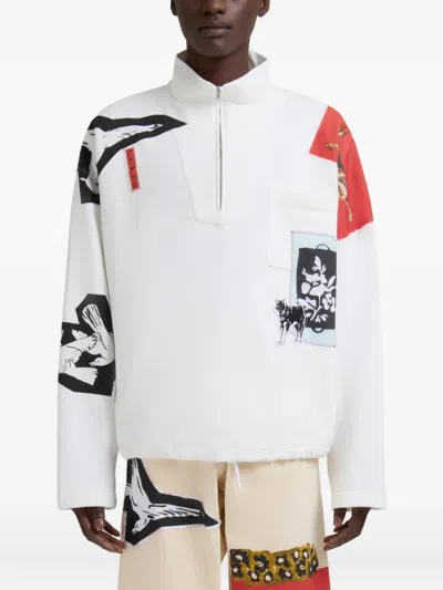 Marni Mixed Media Zipper Collar Sweatshirt In Neutral