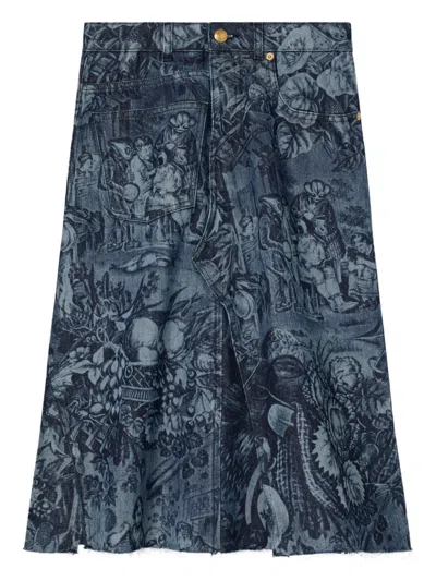 Tory Burch Printed Denim Skirt In Gray