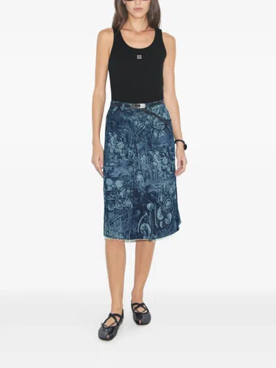 Tory Burch Printed Denim Skirt In Gray