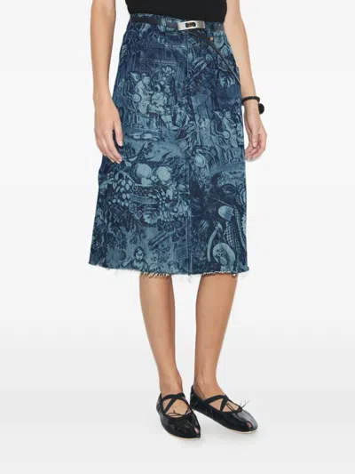 Tory Burch Printed Denim Skirt In Gray