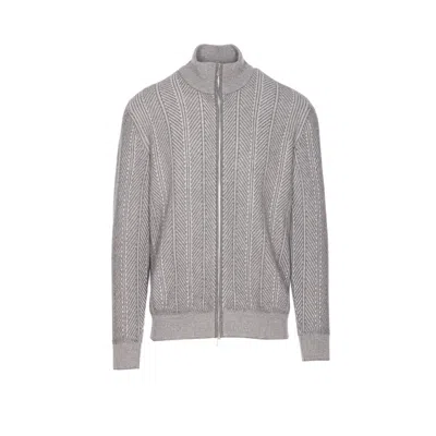 Brunello Cucinelli Chevron Knit High Neck Zipped Cardigan In Gray