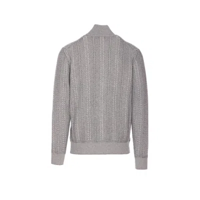 Brunello Cucinelli Chevron Knit High Neck Zipped Cardigan In Gray