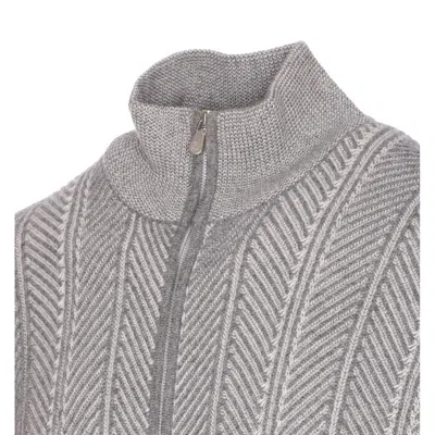 Brunello Cucinelli Chevron Knit High Neck Zipped Cardigan In Gray